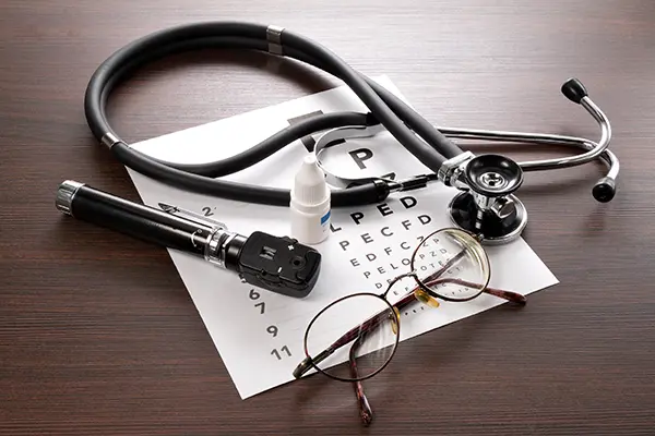 Stetoskop, Augentropfen, Brille und Buchstabenkarte liegen auf einem Tisch